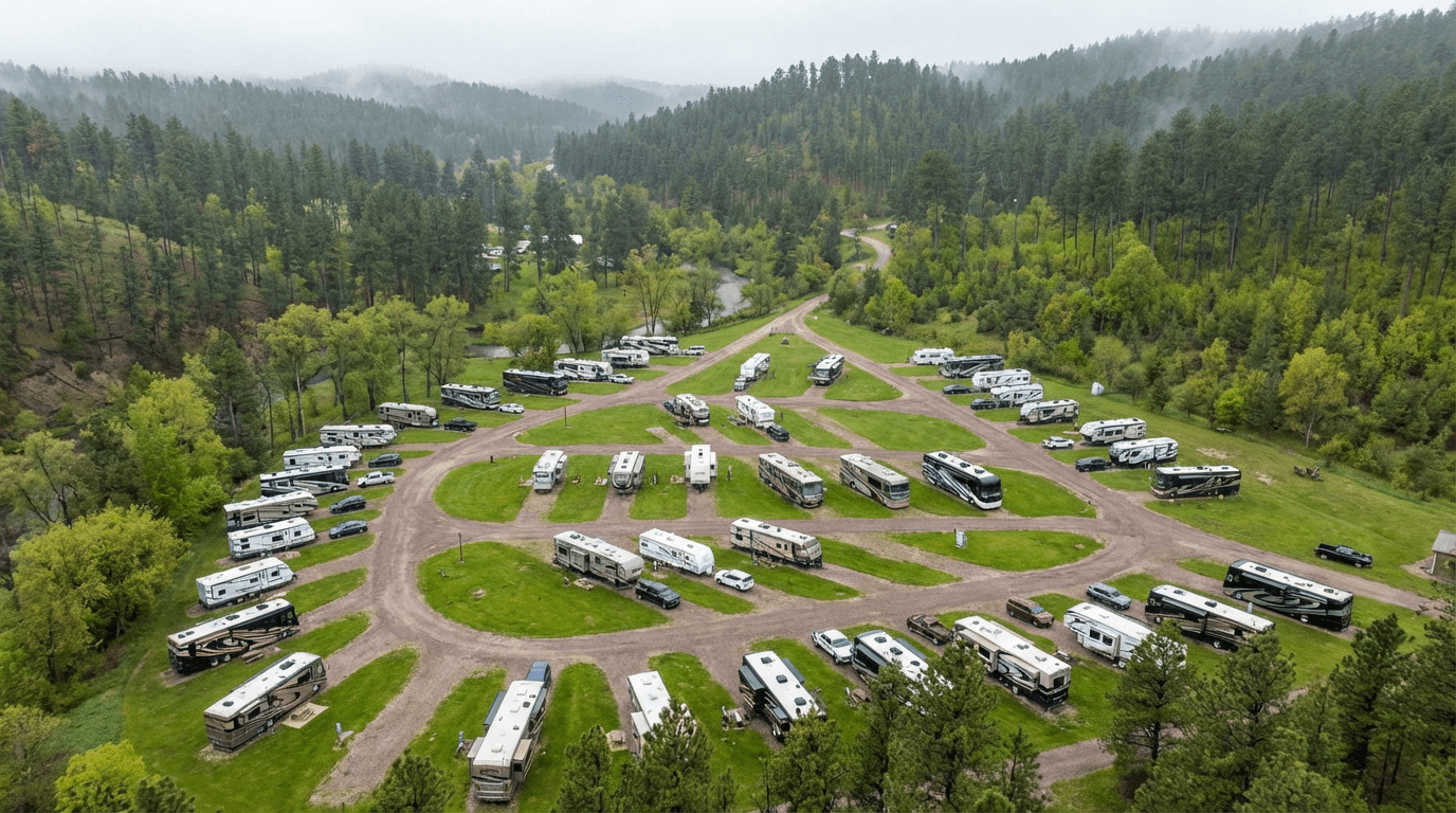 Aerial drone view of Rush No More RV Resort and campground in the Black Hills