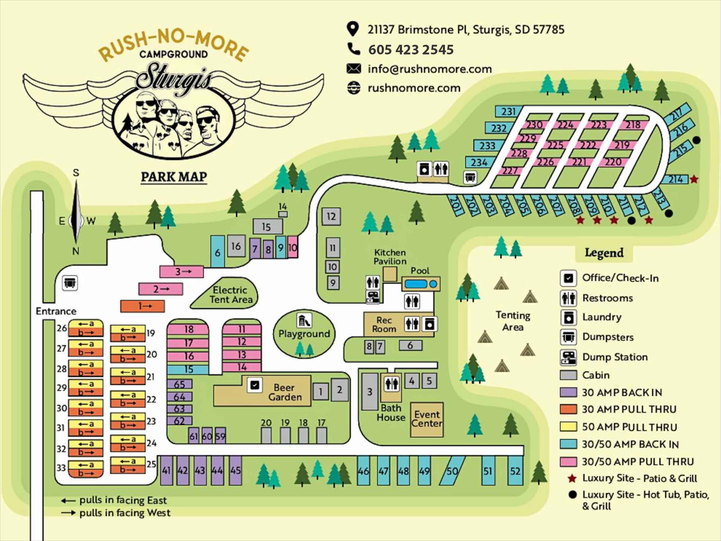 Rush No More Campground Map — Full site map showing RV sites, cabins, tent areas, pool, beer garden and all amenities