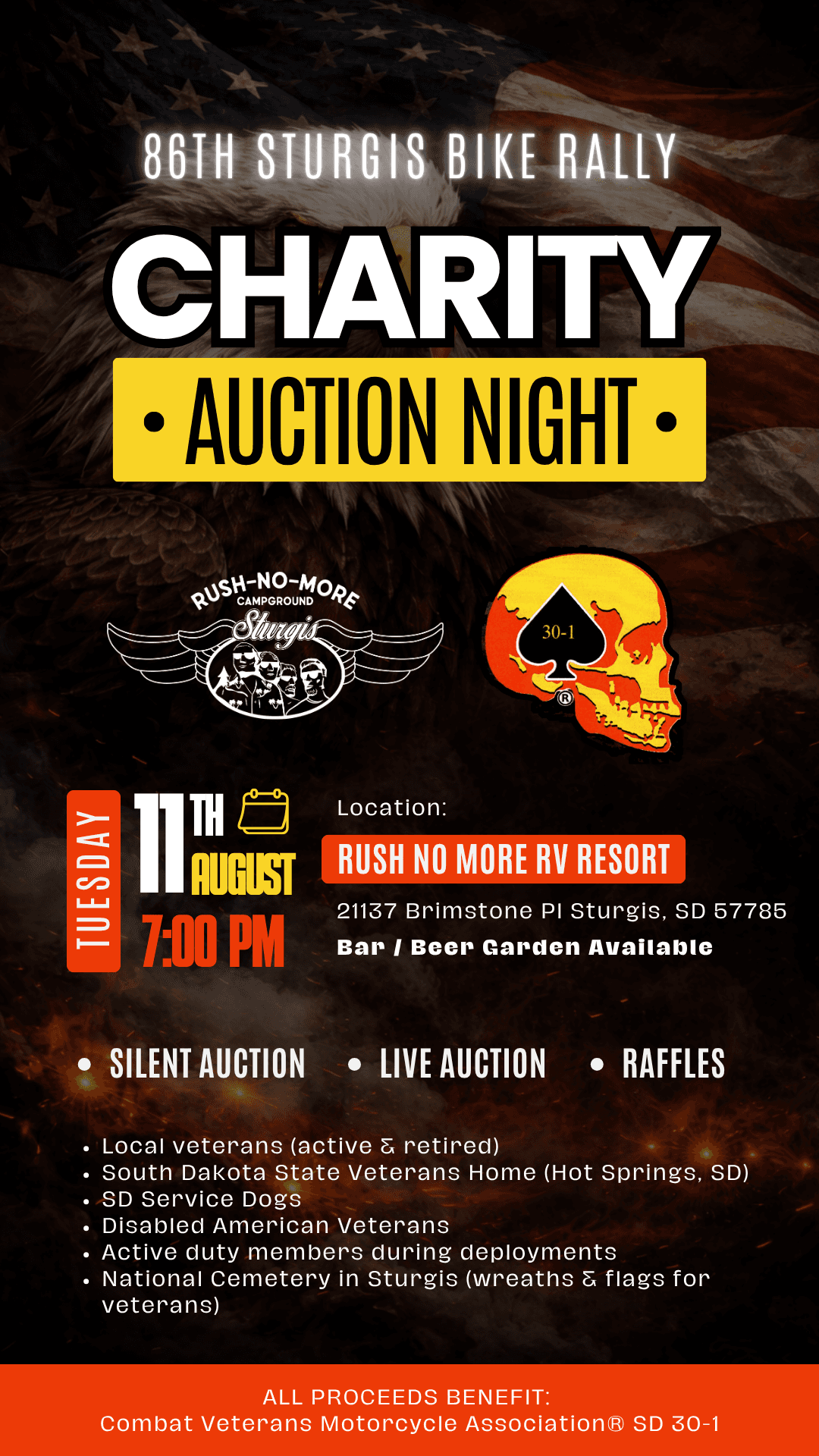 86th Sturgis Bike Rally Charity Auction Night flyer at Rush No More RV Resort