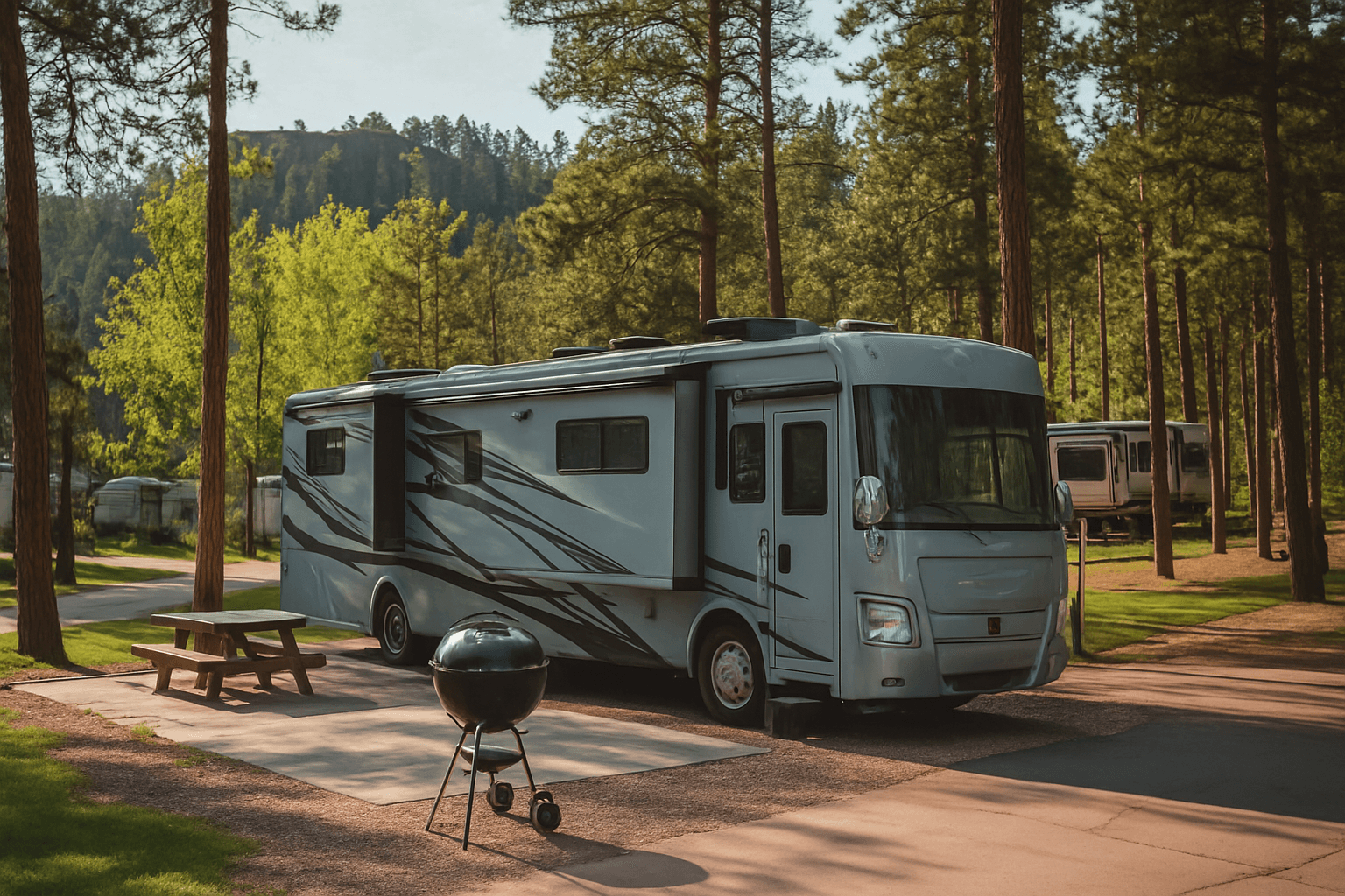RV camper van at Rush No More RV park near Sturgis, South Dakota