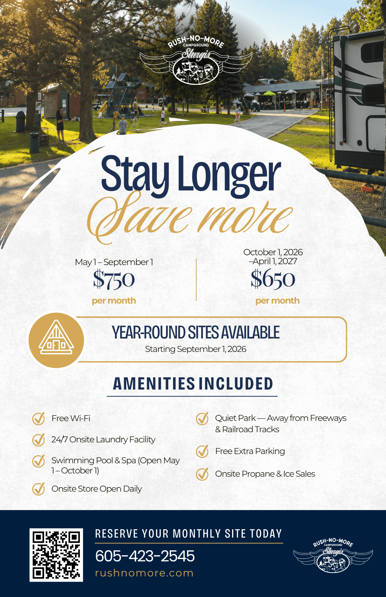 Stay Longer, Save More — monthly RV site promotion at Rush No More Campground in Sturgis, SD: $750/month May–September, $650/month October–April
